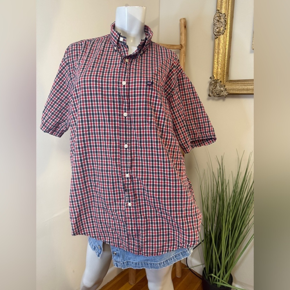 Ralph Lauren Jeans Co Plaid Button Down Polo Short Sleeve Shirt Red Blue Vintage